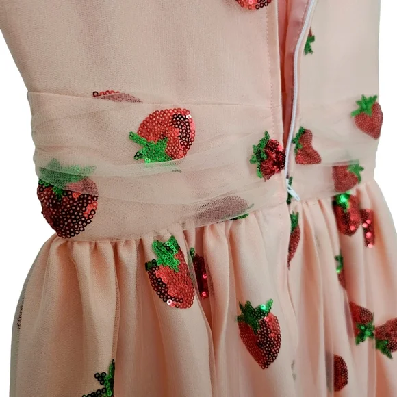 Nwot Magnolia Park Peach w/ Sequined Strawberries Faux Wrap Flutter Sleeve Dress - Picture 15 of 17